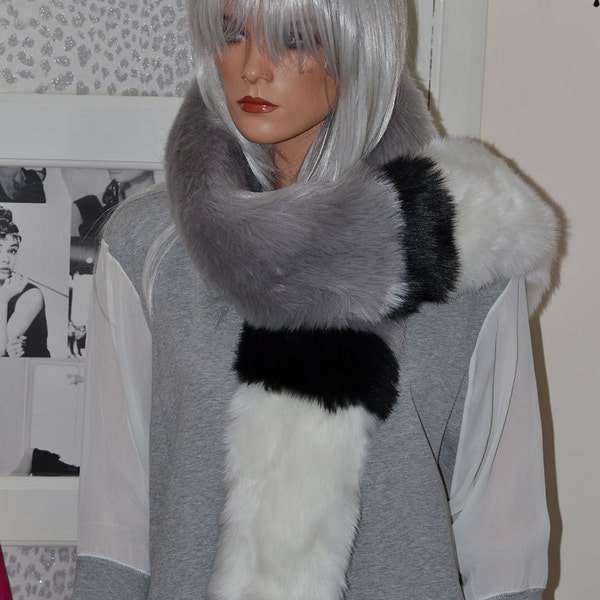 Three Colour Striped Long Faux Fur Scarf  in Grey and White with Black Stripe