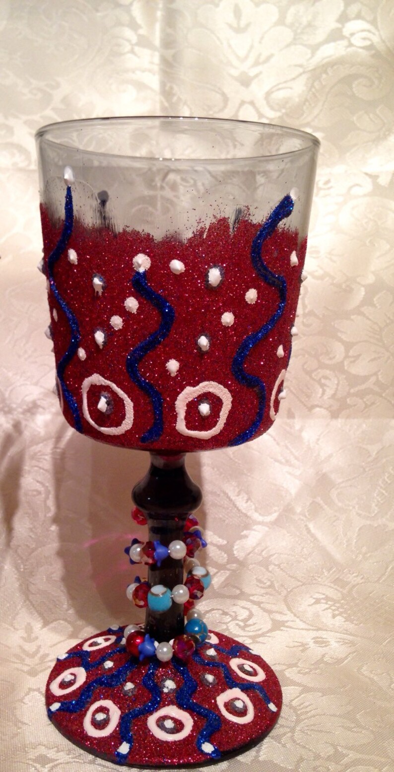 Funky Red, White and Blue Glitter Design Wine Glasses With Wrapped
