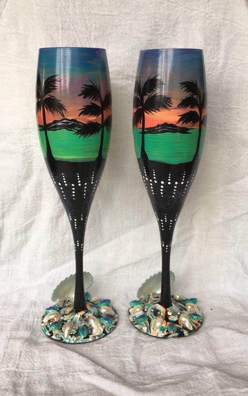 Beach polymer clay champagne glassesbeach wedding glassesbeach sunset champagne glassespolymer clay champagne glassesbeach anniversary image 3