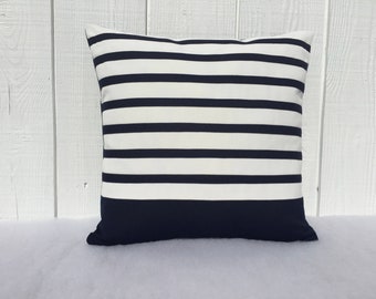 Colorblock Sunbrella pillows - Navy blue and white Striped pillow cases for boat patio, Custom made by Renaissance Cushions