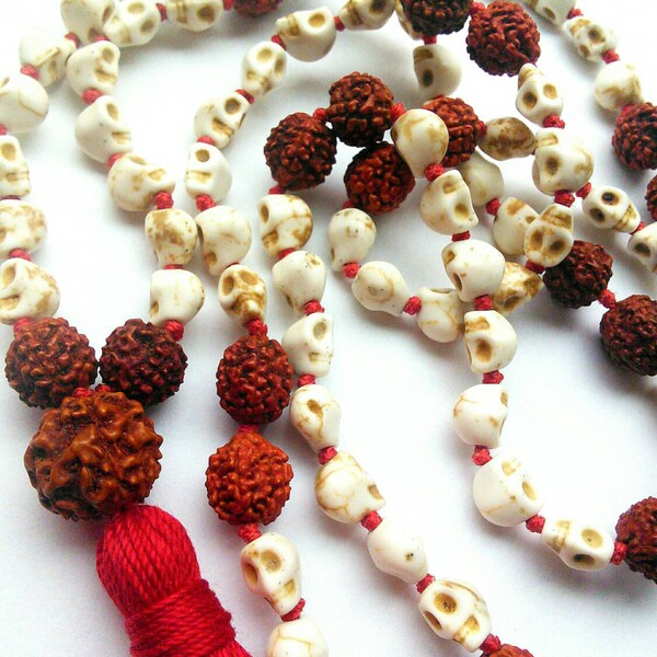 Hindu Goddess Kali Mala Necklace, Skull Mala, Howlite Rudraksha Mala, Liberation Knowledge Wisdom, Vegan Skull Mala Necklace
