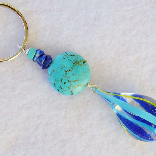 Turquoise keychain, lapis key ring, lapis lazuli, glass keychain, zipper charm, key fob, blue turquoise, fused glass, boho keychain, for her