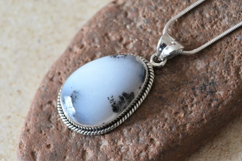 Dendritic opal necklace sterling silver gemstone pendant image 0