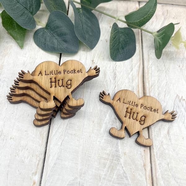 5 Pack Oak Veneer Wooden Craft Shape Card Embellishments Send a Hug, Social Distance Hug, Engraved Little Pocket Hugs Rainbow Heart Circle