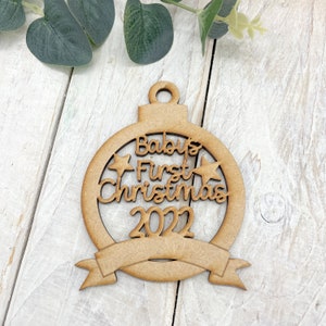 MDF Laser Cut Wooden Christmas Bauble DIY Craft Shape First Christmas Banner Bauble Baby&#39;s First Christmas 2022
