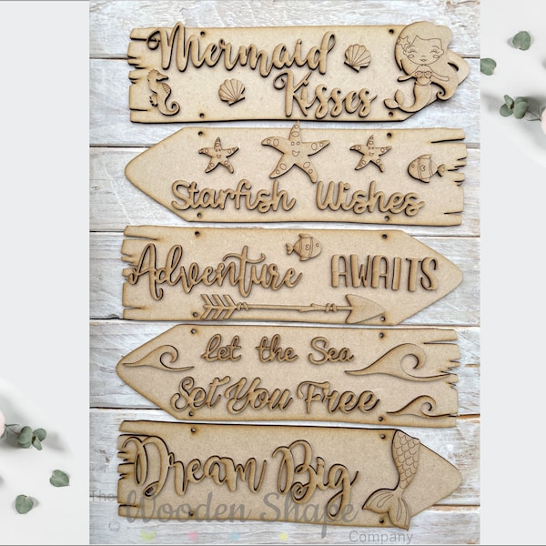 Blank Craft Kit Laser Cut Wooden MDF Direction Sign Theme Kids Room Door Sign Mermaid Theme Room Sign