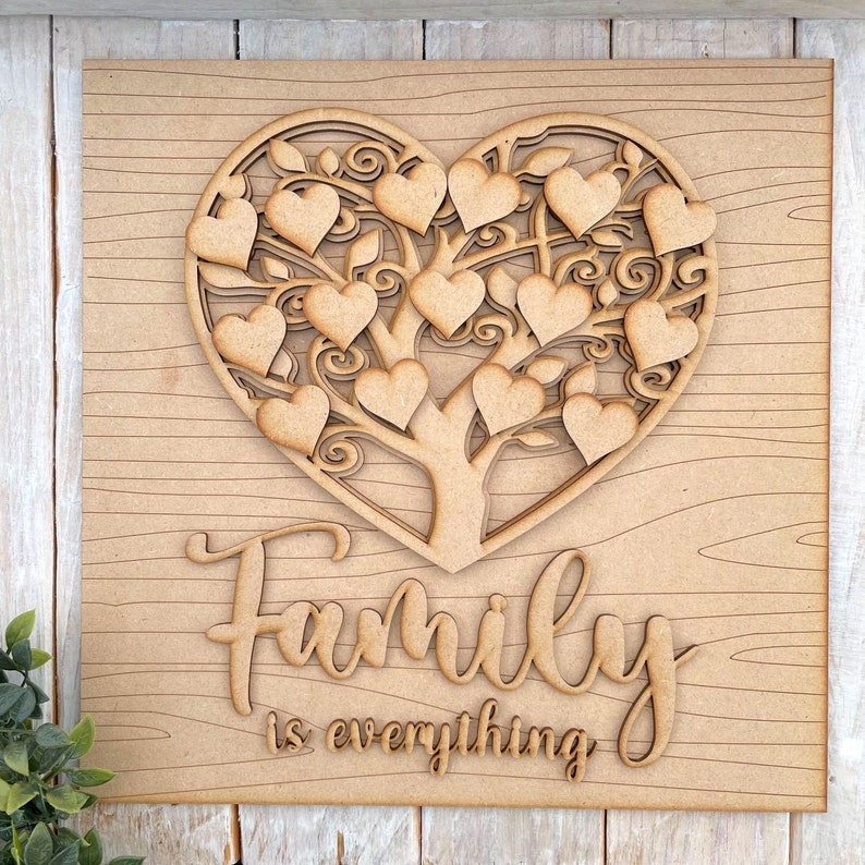 30cm Square Multi Layered MDF Tree Heart Family Tree Kit DIY Family is Everything