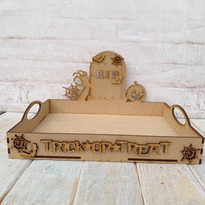 Kit de artesanía en blanco Corte láser Madera MDF Halloween Truco o Trato Bandeja RIP Halloween Bandeja