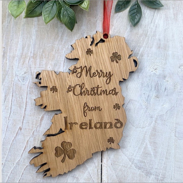 Personalised Christmas Decoration 2020 Oak Bauble Ireland Merry Christmas from Ireland