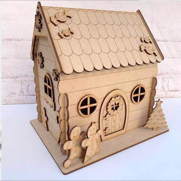 Kit d'artisanat vierge découpé au laser en bois MDF 3D Kit d'artisanat Scène de maison en pain d'épice de Noël