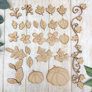 MDF Laser Cut Wooden Halloween Autumnal Floral Laurel Flower Embellishment Pack 27 Pieces