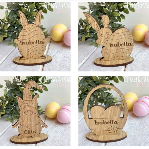 Personalised Oak Wooden Easter Theme Place Names Easter table settings  Easter decorations freestanding Easter Gnome, Gonk, Bunny, Eggs