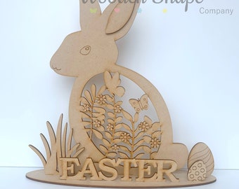 Blank Craft Kit Laser Cut Wooden MDF Easter Bunny Floral Side Easter Freestanding Sign DIY