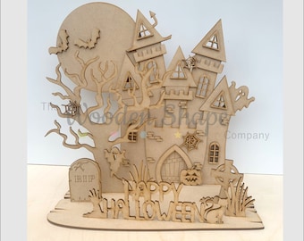 Blank Craft Kit Laser Cut Wooden MDF  3D Craft Kit Halloween Haunted House Scene