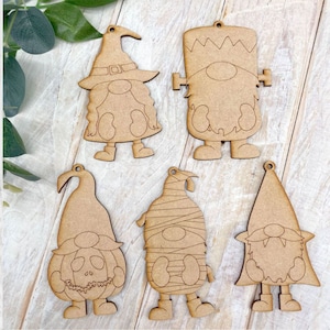 Blank Craft Kit Laser Cut Wooden MDF Halloween 5 Pack Assorted Halloween Dress Up Gnome Decorations