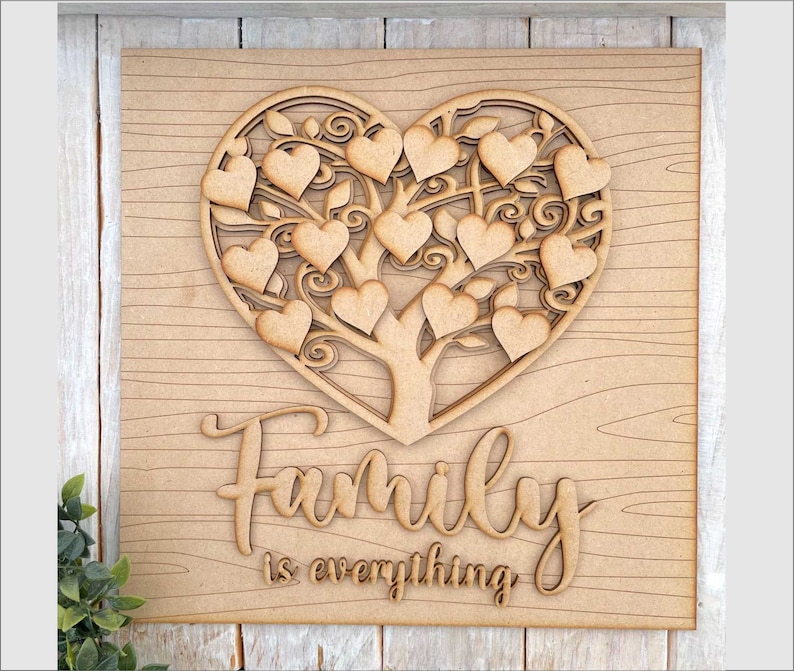 30cm Square Multi Layered MDF Tree Heart Family Tree Kit DIY Family is Everything