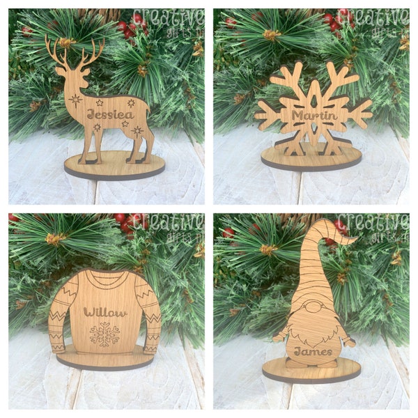 Personalised Oak Wooden Christmas Place Names Christmas table settings Reindeer Freestanding