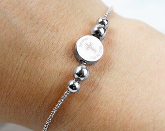 Personalised Silver Plated Cross Round Bracelet, First Holy Communion Gift, Confirmation Gift