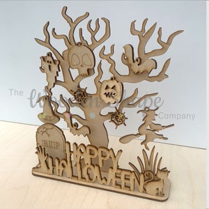 Blank Craft Kit Laser Cut Wooden MDF Haunted Halloween Tree Halloween Activity Decoration Tree with Hanging Decorations TREE