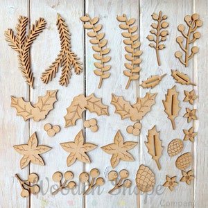 MDF Laser Cut Wooden Christmas Floral Laurel Flower Embellishment Pack