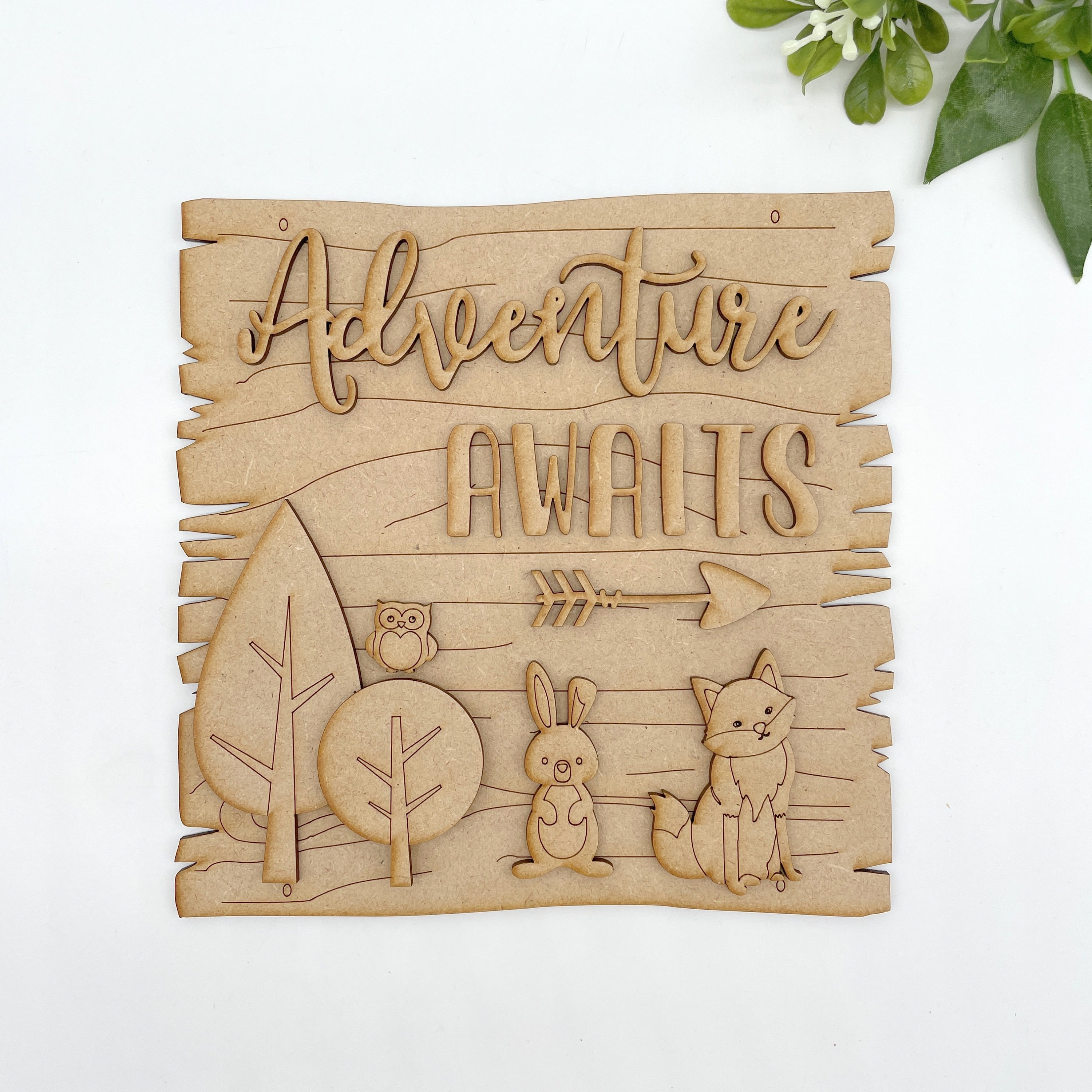 MDF Wooden Laser Cut Craft Kit |  Theme Kids Room Door Sign Woodland Explorer Theme Room Sign Adventure Awaits