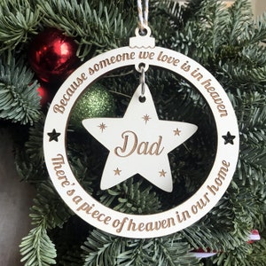 Christmas Memorial Bauble, Personalised Wooden Christmas in Heaven Decoration 2022 Remembrance Because Someone We Love Is In Heaven