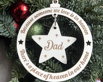 Christmas Memorial Bauble, Personalised Wooden Christmas in Heaven Decoration Remembrance Because Someone We Love Is In Heaven