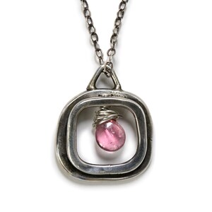 Elegant Gemstone Necklace - Contemporary Jewelry - Pink Tourmaline Gemstone - Square Silver Pendant