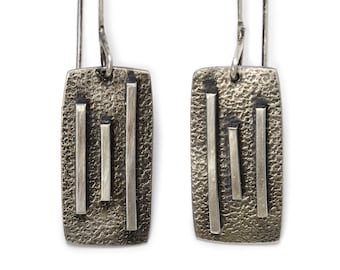 Contemporary Earrings - Modern Chic Jewelry - Linear - Geometric - Textured Silver - Rectangles - Dangle Earrings - Sterling Silver