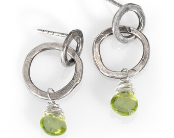 Forged Sterling Hoops with Peridot Gemstones and Posts