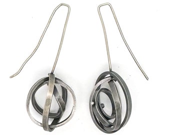 Scribble Earrings - Round Dangles - Contemporary Jewelry - Modern Style Earrings - Oxidized - Sterling Silver Earrings - Drop Earrings