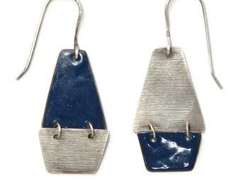 Kite Earrings - Enameled Copper Earrings - Textured Sterling Silver - Dark Blue and Silver - Mismatched