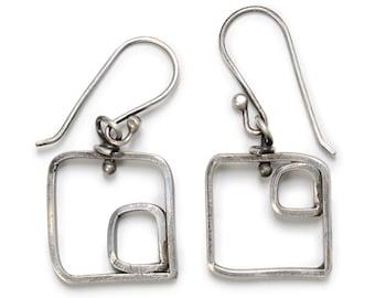 Boucles d'oreilles géométriques - Boucles d'oreilles en argent sterling - Bijoux géométriques - Contemporains - Modernes - Uniques - Carrés - Boucles d'oreilles sculpturales