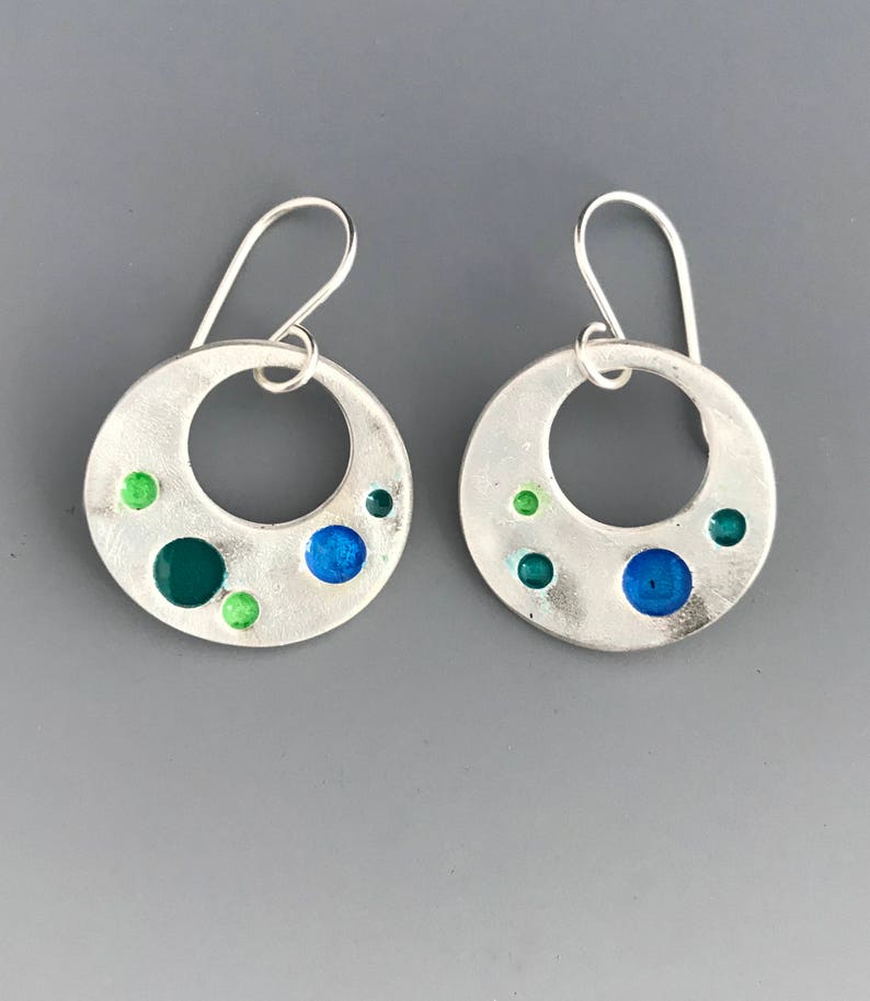 Silver and Enamel Hoops Earrings