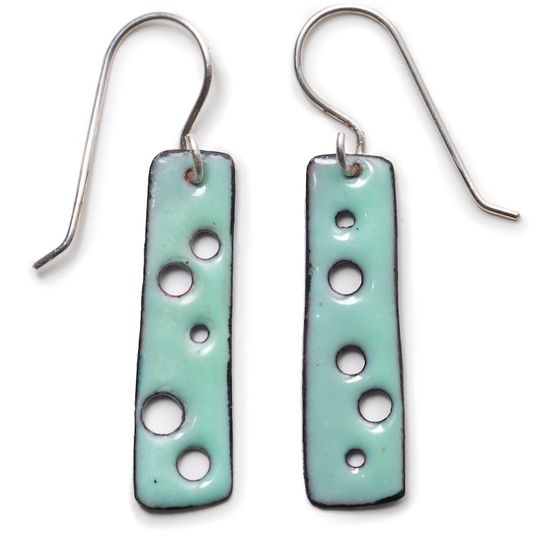 Contemporary and Colorful Earrings with Holes Enameled Copper Earrings Long Bar Earrings Aqua with Brown Backs