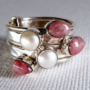 RHODONITE & PEARL 5-Stack Ring 925 SilverSari YSTR1031