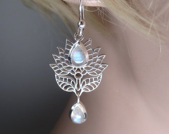 MOONSTONE Earrings Stg Silver LOTUS Flower SilverSari YEG1693