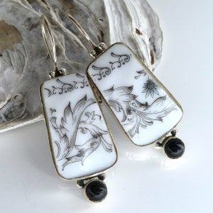 Porcelain + ONYX Earrings ~ DARLING SMITHEREENS #60 ~ SilverSari YEG1880