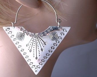 XLARGE Silver ART DECO Embossed Triangle Drop Hoop Earrings SilverSari ~ YES1282