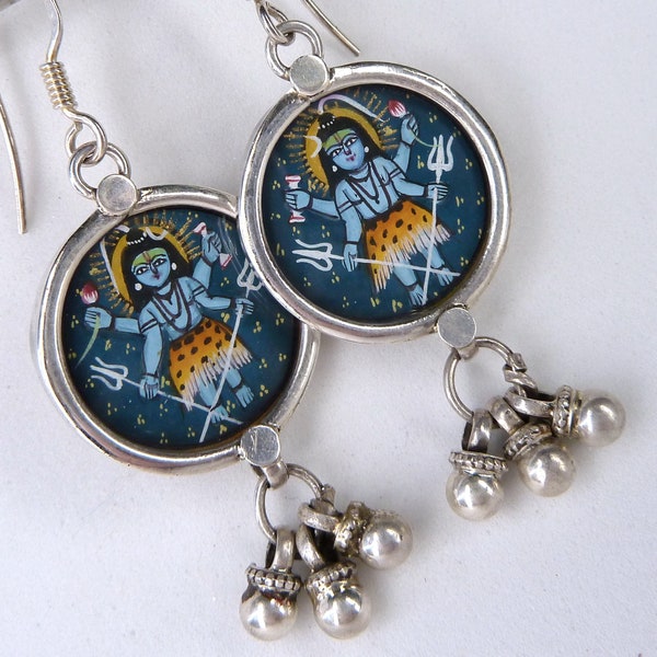 SHIVA ~ Rajasthani Miniature Painting Solid Silver Earrings SilverSari YEG1379