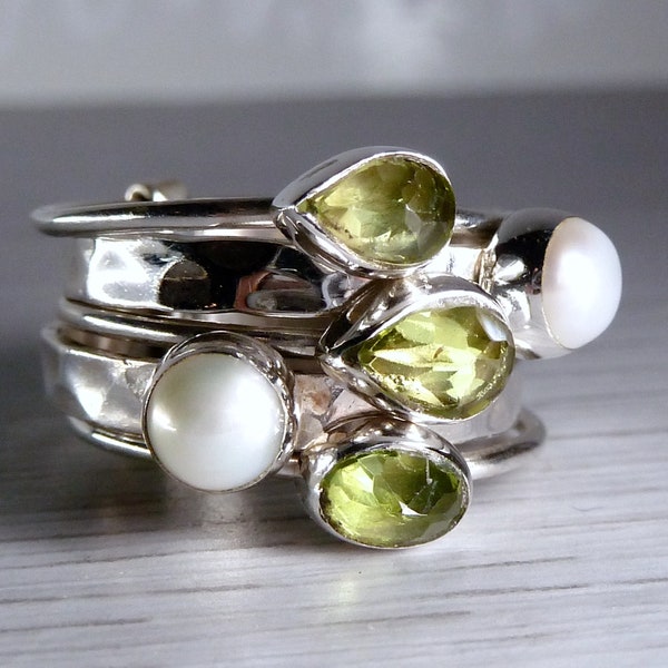 PERIDOT & PEARL 5-Stack Multigem Ring Solid Silver SilverSari YSTR1005