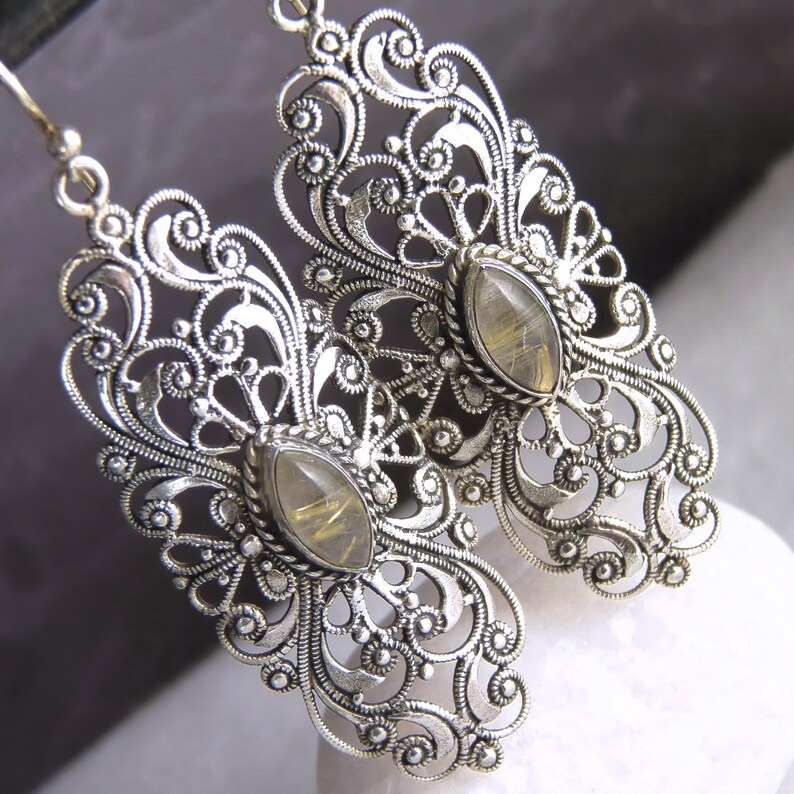 Cast Jali SILVERSARI Earrings Solid 925 Sterling Silver Rutile Quartz YES1229