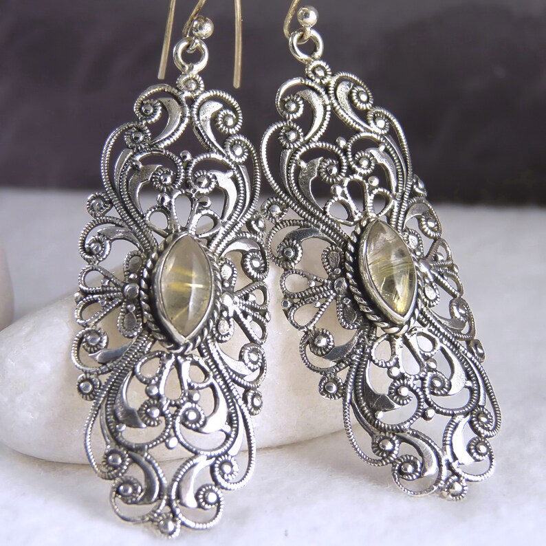 Cast Jali SILVERSARI Earrings Solid 925 Sterling Silver Rutile Quartz YES1229