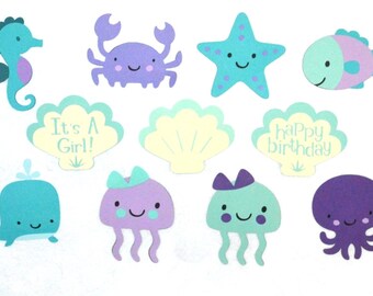 Large Teal & Purple Under the Sea Die Cut Whale Jellyfish Fish Seahorse Octopus Crab Starfish Sea Creature Cut Out ANY MiX or ALL the SAME