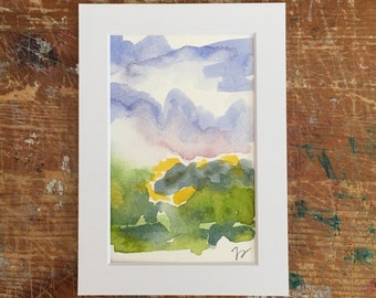 Mini Watercolor Landscape Painting, Sunrise, Miniature Original Abstract Landscape Painting, Gift For Her Him Them