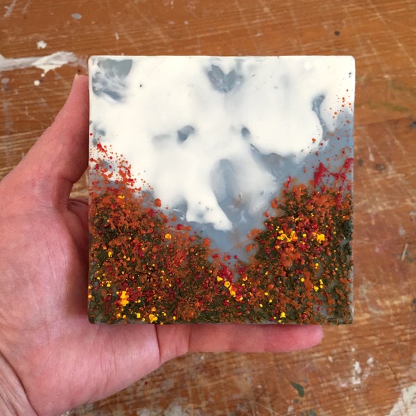 wildflower landscape painting - encaustic art - beeswax 4 x 4 artwork - rustic wall art - best friend gift for her him them