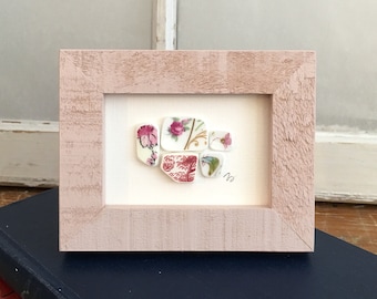 Miniature Mosaic,Coastal Granddaughter Decor, Broken China Art, Floral Pink Pique-Assiette, Framed Mini Mosiac Table Top Art