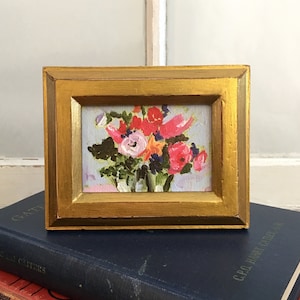 Miniature Oil Painting Art Print, Seaside Bouquet, Mini Art, Framed Mini Painting In Handmade Gilded Frame, Gift For Her Him Them