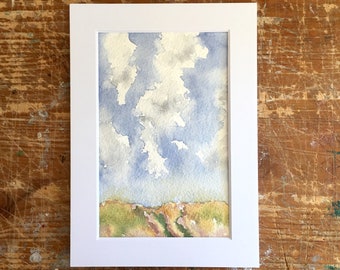 Mini Watercolor Landscape Painting, Big Sky Landscape, Miniature Original Painting on Cotton Rag Paper, Gift For Her Him Them