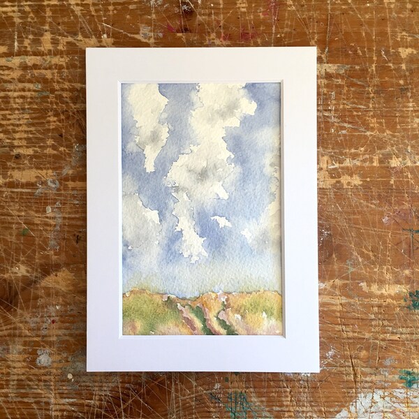 Mini Watercolor Landscape Painting, Big Sky Landscape, Miniature Original Painting on Cotton Rag Paper, Gift For Her Him Them